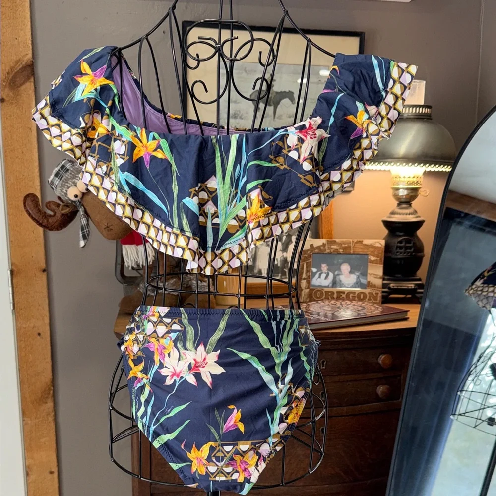 Trina Turk Navy Floral Off-Shoulder Bikini with Lilac Lining - Picture 7 of 8